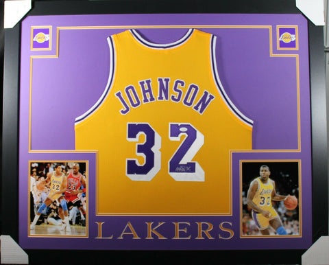 MAGIC JOHNSON (Lakers yellow SKYLINE) Signed Autographed Framed Jersey JSA