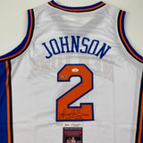 Autographed/Signed Larry Johnson New York White Basketball Jersey JSA COA Auto