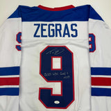 Autographed/Signed Trevor Zegras "2021 WJC Gold & MVP" USA White Jersey JSA COA