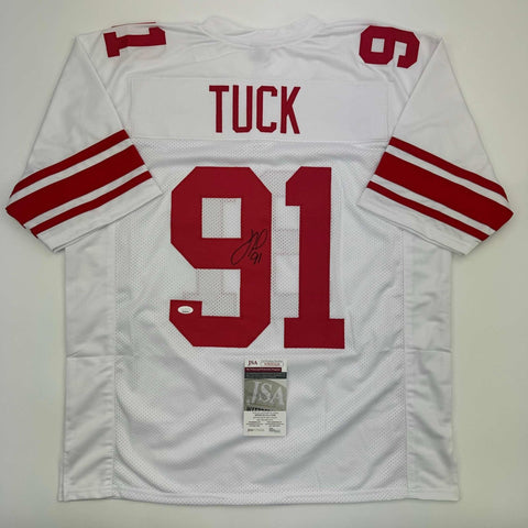 Autographed/Signed Justin Tuck New York White Football Jersey JSA COA