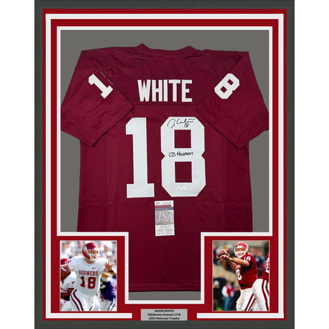 Framed Autographed/Signed Jason White 33x42 03 HT Oklahoma Maroon Jersey JSA COA