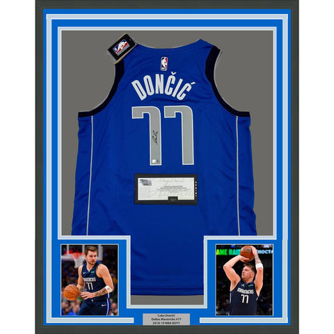 Framed Autographed/Signed Luka Doncic 35x39 Mavericks Blue Jersey Panini COA