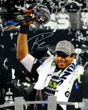 RUSSELL WILSON AUTOGRAPHED 16X20 PHOTO SEAHAWKS SUPER BOWL TROPHY RW HOLO 85977