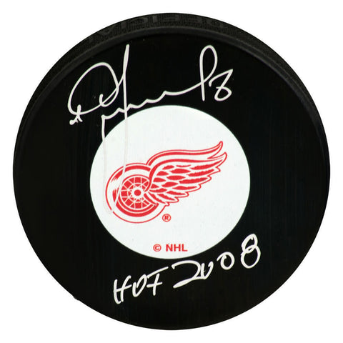 Igor Larionov Signed Red Wings Logo Hockey Puck w/HOF 2008 - (SCHWARTZ COA)