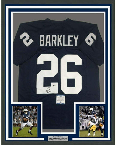 Framed Autographed/Signed Saquon Barkley 33x42 Penn State Blue Jersey BAS COA