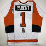 Autographed/Signed BERNIE PARENT Philadelphia White Hockey Jersey JSA COA Auto