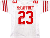 49ERS CHRISTIAN MCCAFFREY AUTOGRAPHED SIGNED WHITE JERSEY BECKETT QR 227789