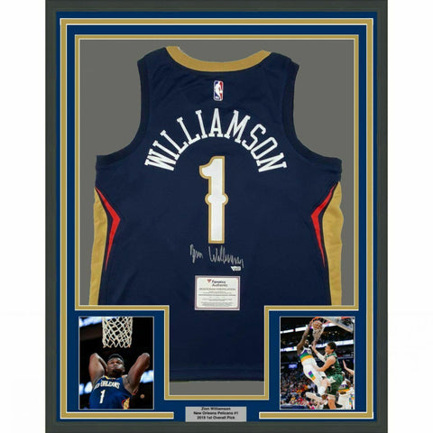 FRAMED Autographed/Signed ZION WILLIAMSON 33x42 Blue Nike Jersey Fanatics COA