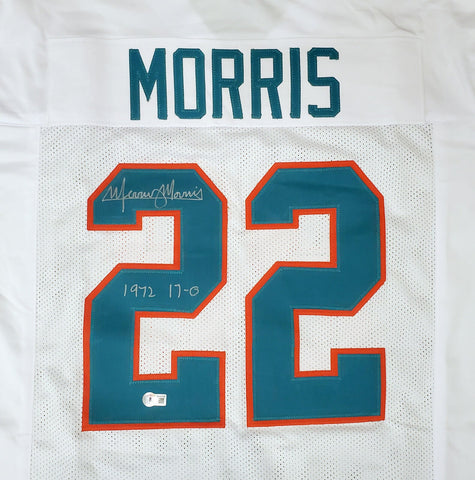 DOLPHINS MERCURY MORRIS AUTOGRAPHED WHITE JERSEY "1972 17-0" BECKETT QR 194359