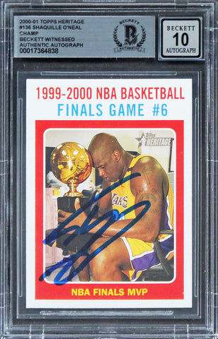 Lakers Shaq O'Neal Signed 2000 Topps Heritage #136 Champ Card AG GM 10! BAS Slab