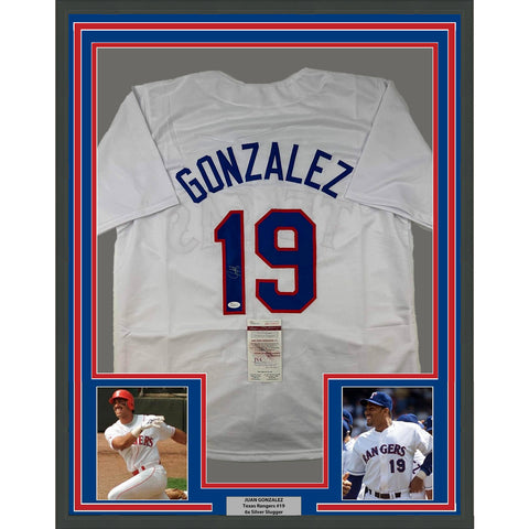 Framed Autographed/Signed Juan Gonzalez 35x39 Texas White Jersey JSA COA