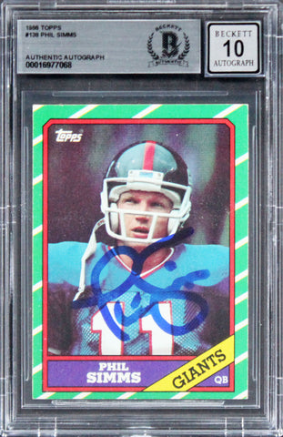 Giants Phil Simms Signed 1986 Topps #138 Card Auto Graded 10! BAS Slabbed