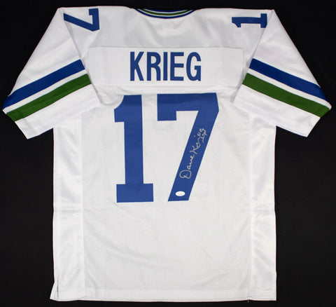 Dave Krieg Signed Seattle Seahawks White Jersey (JSA COA) 3xPro Bowl Quarterback