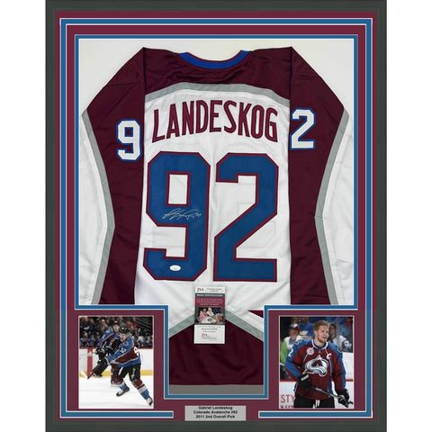 Framed Autographed/Signed Gabriel Landeskog 35x39 White Colorado Jersey JSA COA