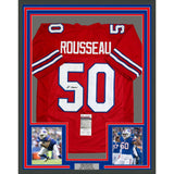 Framed Autographed/Signed Greg Rousseau 35x39 Buffalo Red Jersey JSA COA