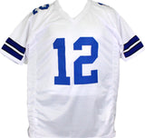 Roger Staubach Autographed White Pro Style STAT Jersey- Beckett W Holo *Silver