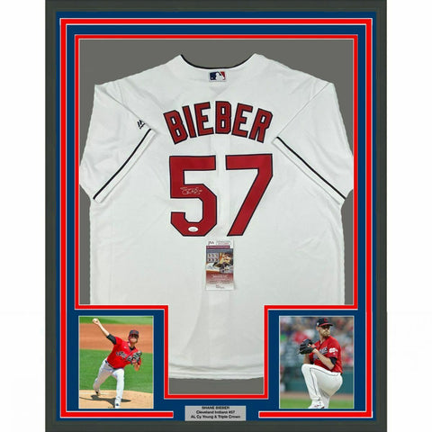 FRAMED Autographed/Signed SHANE BIEBER 33x42 Indians Majestic Jersey JSA COA