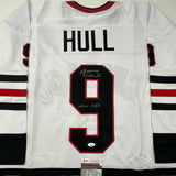 Autographed/Signed Bobby Hull HOF 1983 Chicago White Hockey Jersey JSA COA