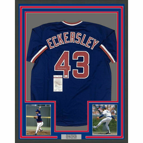 FRAMED Autographed/Signed DENNIS ECKERSLEY 33x42 Chicago Blue Jersey JSA COA