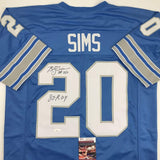 Autographed/Signed Billy Sims 80 ROY Detroit Blue Football Jersey JSA COA