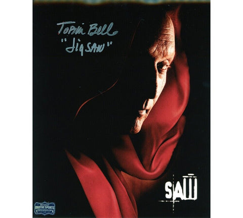 Tobin Bell Signed Saw Movie Unframed 8x10 Photo with Red hood with "Jigsaw" Insc