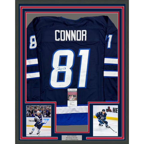 Framed Autographed/Signed Kyle Connor 35x39 Winnipeg Blue Hockey Jersey JSA COA