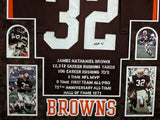 SUEDE FRAMED CLEVELAND BROWNS JIM BROWN AUTOGRAPHED INSCRIBED STAT JERSEY JSA