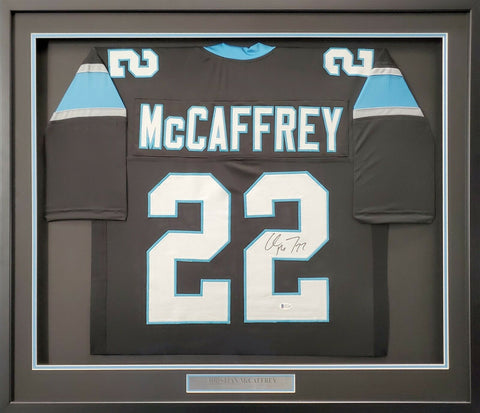 PANTHERS CHRISTIAN MCCAFFREY AUTOGRAPHED FRAMED BLACK JERSEY BECKETT 191183