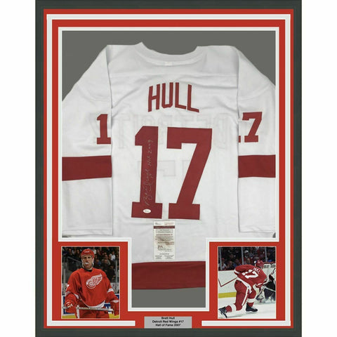 FRAMED Autographed/Signed BRETT HULL HOF 2009 33x42 Detroit White Jersey JSA COA