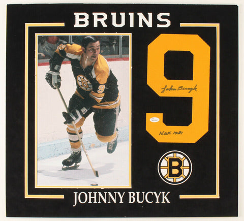 Johnny Bucyk Signed Bruins 22x24 Custom Matted #9 Jersey Patch Display (JSA COA)