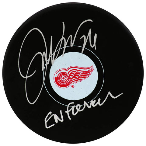 Joe Kocur Signed Detroit Red Wings Logo Hockey Puck w/Enforcer - (SCHWARTZ COA)