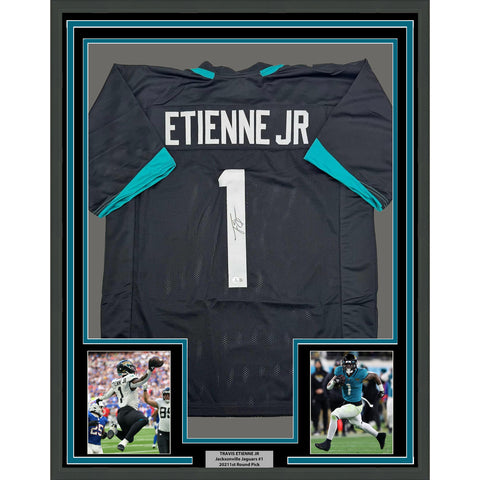 Framed Autographed/Signed Travis Etienne Jr. 35x39 Black Jersey Beckett BAS COA