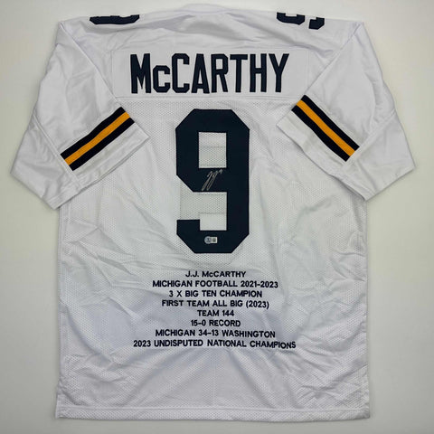 Autographed/Signed J.J. JJ McCarthy Michigan White Stat Jersey Beckett BAS COA