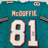 Autographed/Signed O.J. OJ McDuffie Miami Teal Football Jersey JSA COA