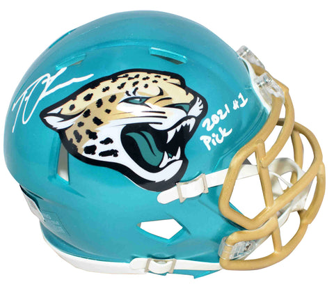 TREVOR LAWRENCE SIGNED JACKSONVILLE JAGUARS FLASH MINI HELMET W/ 2021 #1 PICK