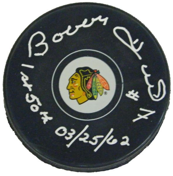 BOBBY HULL Signed Chicago Blackhawks Logo Hockey Puck w/1st 50th 03-25-62 - SS