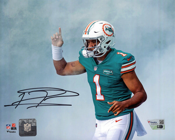 Tua Tagovailoa Signed Dolphins Teal Jersey Pointing 8x10 Photo -(FANATICS COA)