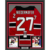 Framed Autographed/Signed Scott Niedermayer "HOF 2013" 35x39 Red Jersey JSA COA