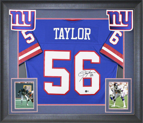 Giants Lawrence Taylor Signed 1986 Blue Mitchell & Ness Framed Jersey BAS Wit