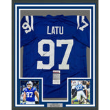 Framed Autographed/Signed Laiatu Latu 35x39 Indianapolis Blue Jersey JSA COA