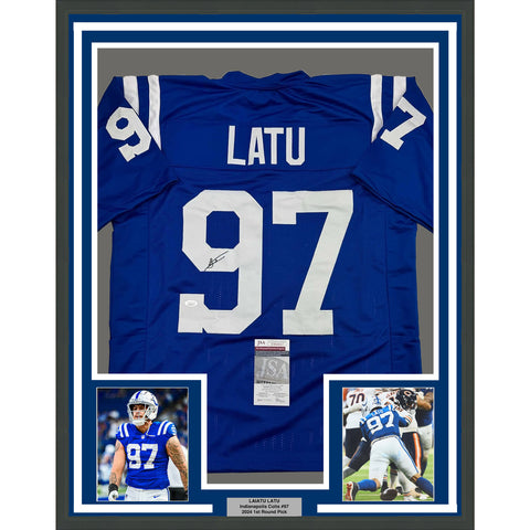 Framed Autographed/Signed Laiatu Latu 35x39 Indianapolis Blue Jersey JSA COA