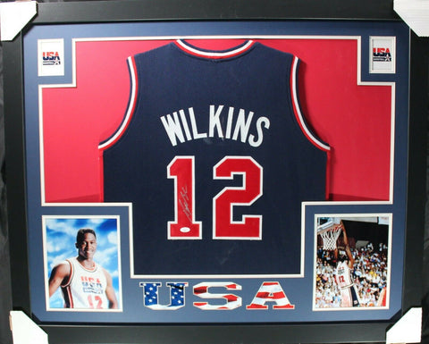 DOMINIQUE WILKINS (USA blue SKYLINE) Signed Autographed Framed Jersey JSA