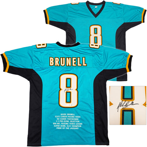 JACKSONVILLE JAGUARS MARK BRUNELL AUTOGRAPHED TEAL STAT JERSEY BECKETT QR 234539