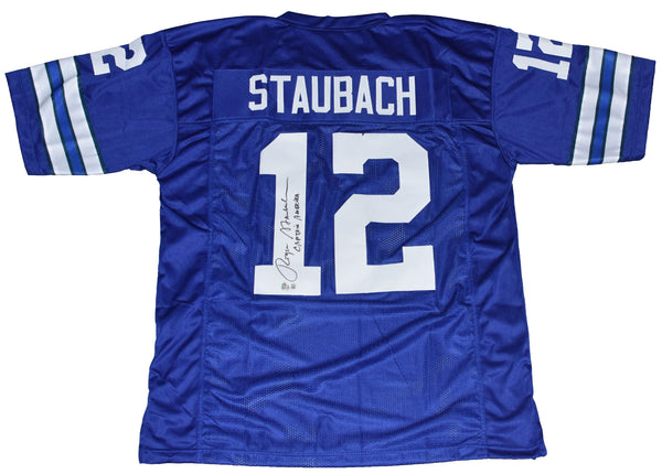 ROGER STAUBACH SIGNED DALLAS COWBOYS #12 BLUE JERSEY BECKETT W/ CAPTAIN AMERICA