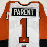 Autographed/Signed BERNIE PARENT Philadelphia White Hockey Jersey JSA COA Auto