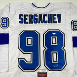 Autographed/Signed Mikhail Sergachev Tampa Bay White Hockey Jersey JSA COA