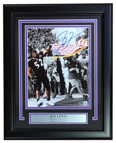 Ray Lewis Signed Framed 8x10 Baltimore Ravens Flag Photo BAS ITP