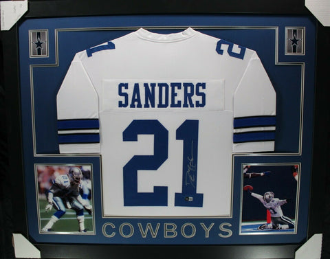 DEION SANDERS (Cowboys white SKYLINE) Signed Autographed Framed Jersey Beckett