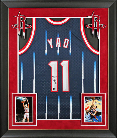 Rockets Yao Ming Signed Blue M&N 2002-03 HWC Swingman Framed Jersey BAS Witness