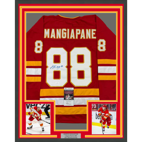 Framed Autographed/Signed Andrew Mangiapane 35x39 Calgary Red Jersey JSA COA